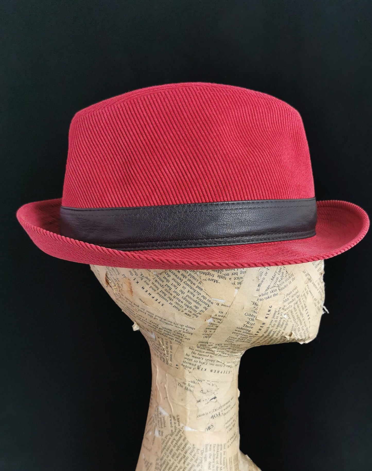 Vintage Hermes red cord Fedora hat, leather trim