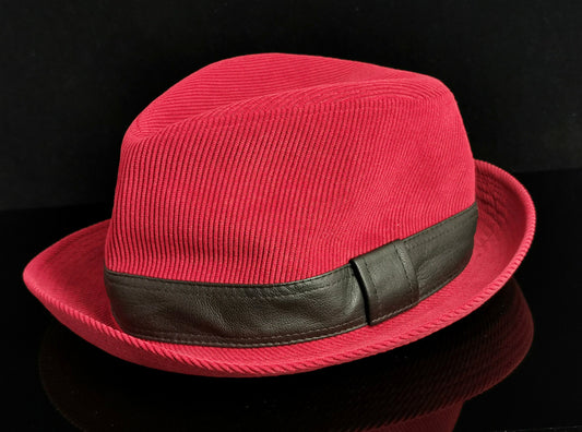 Vintage Hermes red cord Fedora hat, leather trim