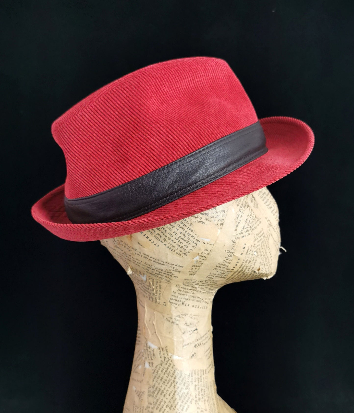Vintage Hermes red cord Fedora hat, leather trim
