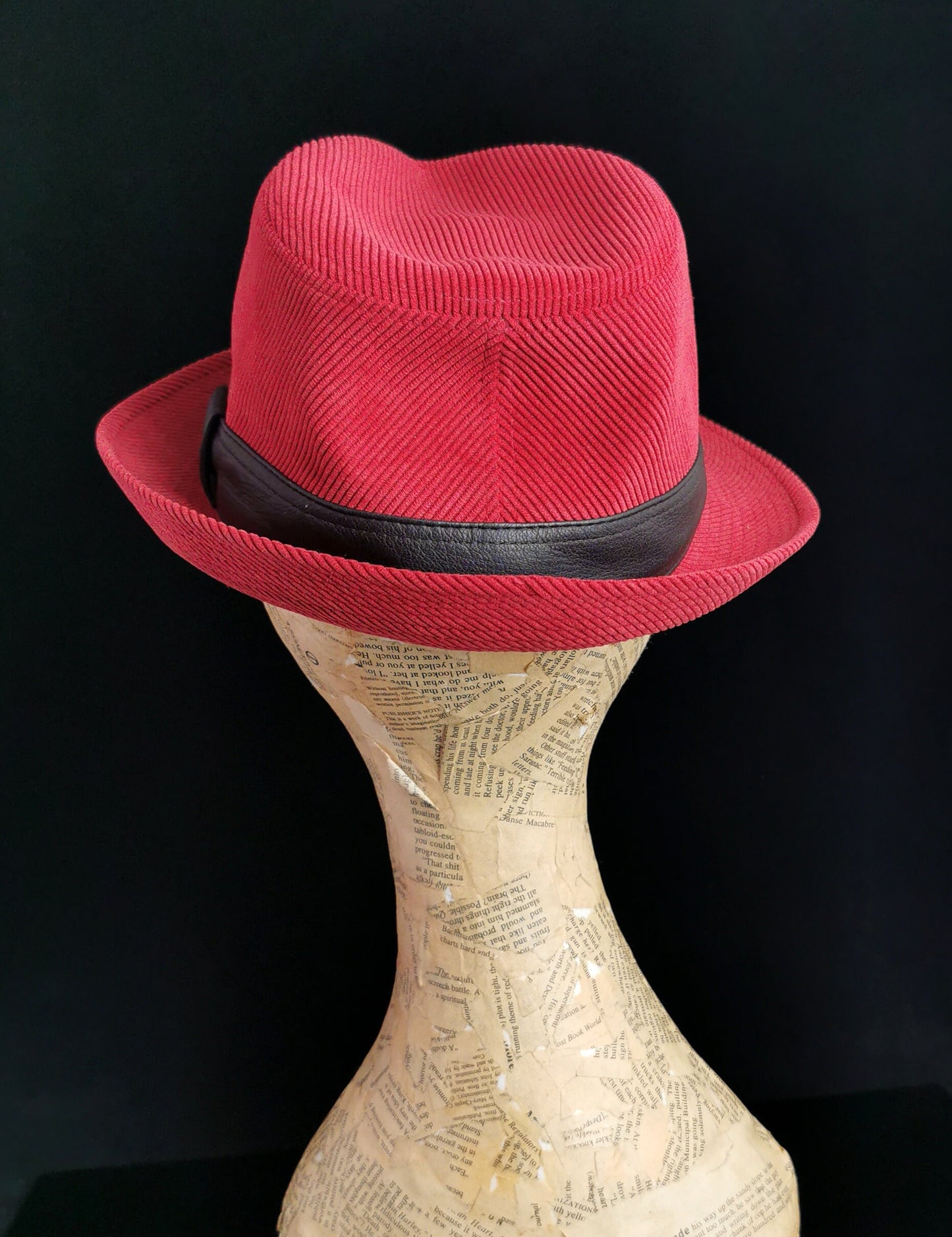 Vintage Hermes red cord Fedora hat, leather trim