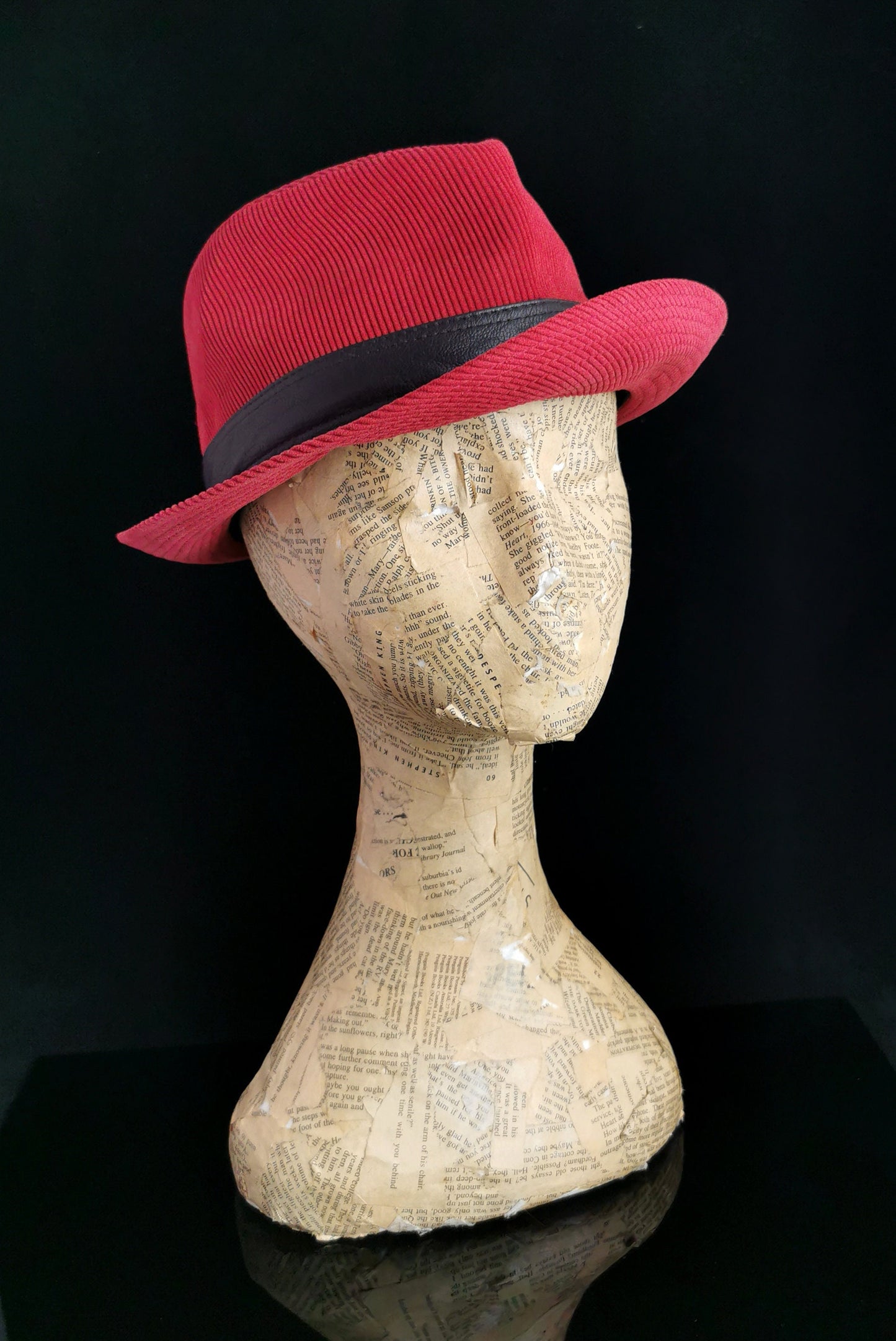 Vintage Hermes red cord Fedora hat, leather trim