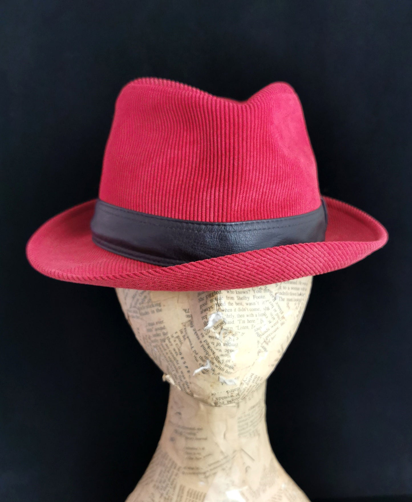 Vintage Hermes red cord Fedora hat, leather trim