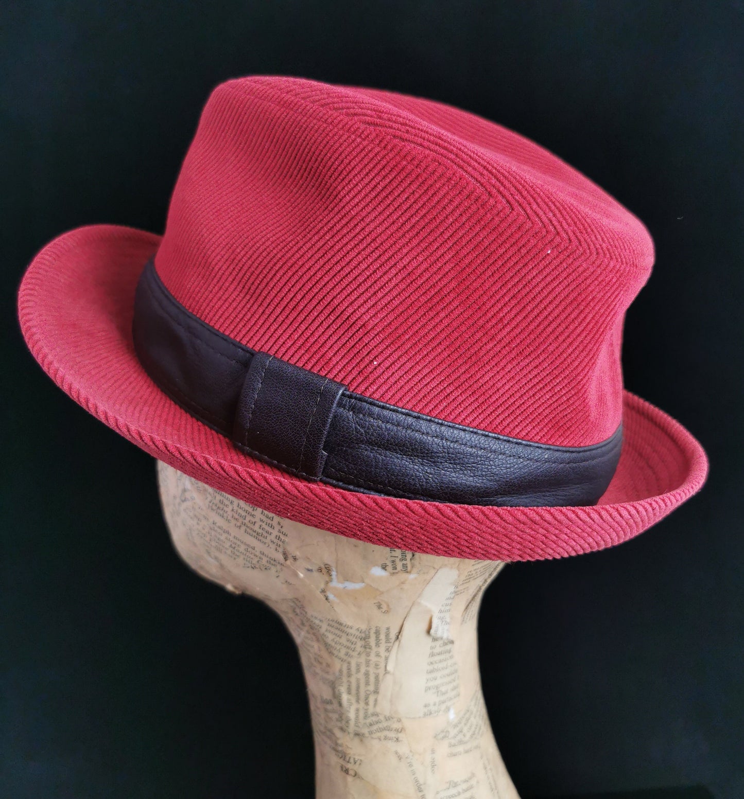 Vintage Hermes red cord Fedora hat, leather trim
