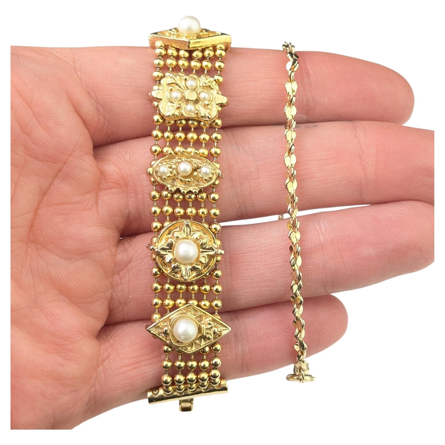 Vintage gold plated bracelets, pair, Faux pearl