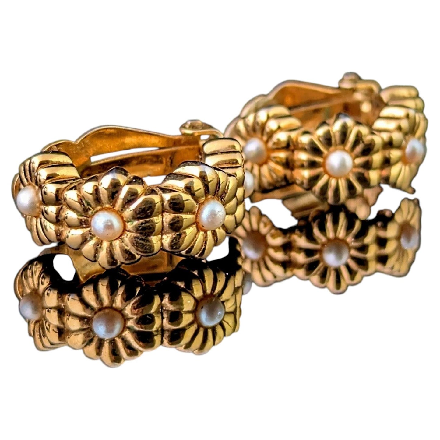Vintage D'Orlan gold plated flower half hoop earrings, Clip on
