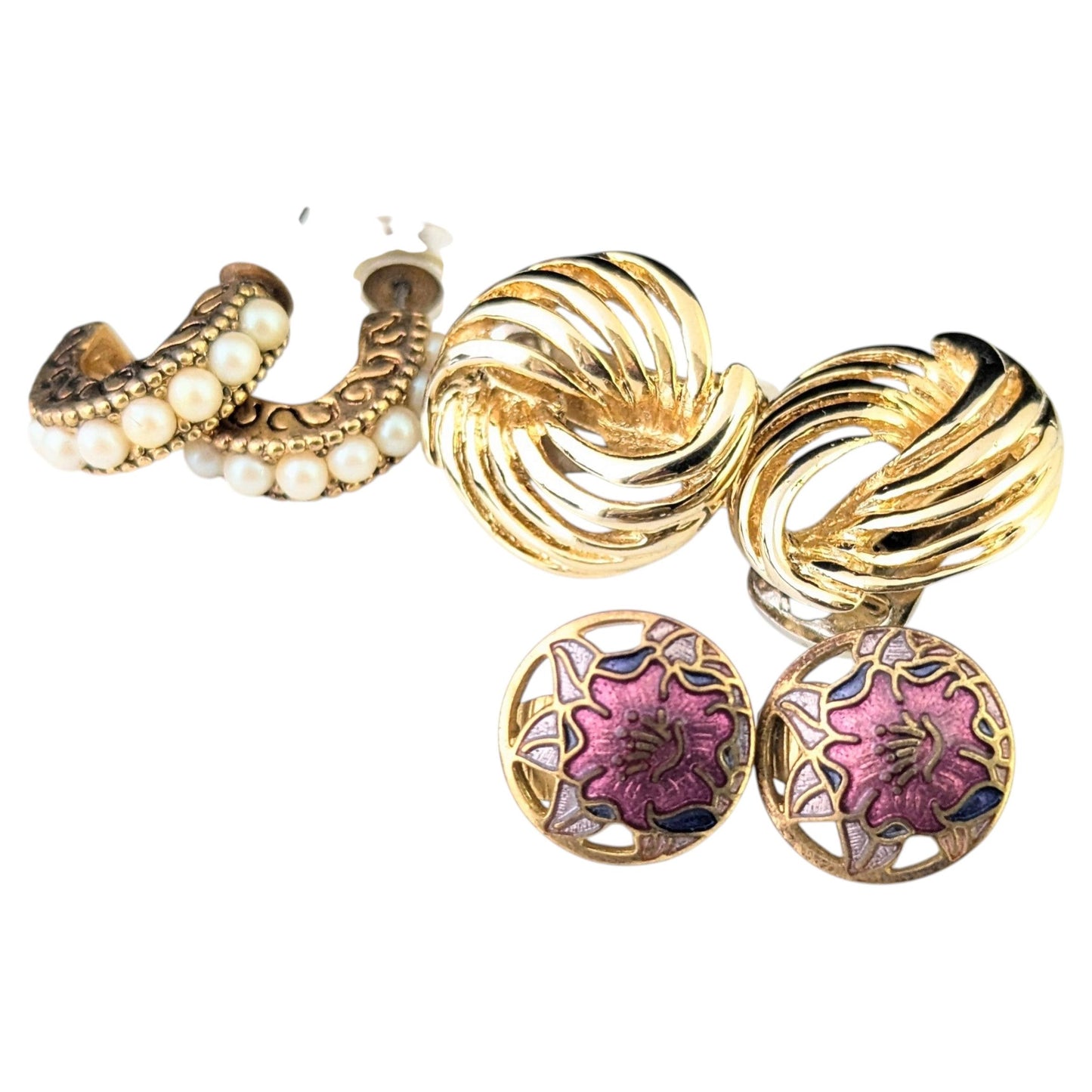 Vintage job lot earrings, three pairs, Cloisonné enamel