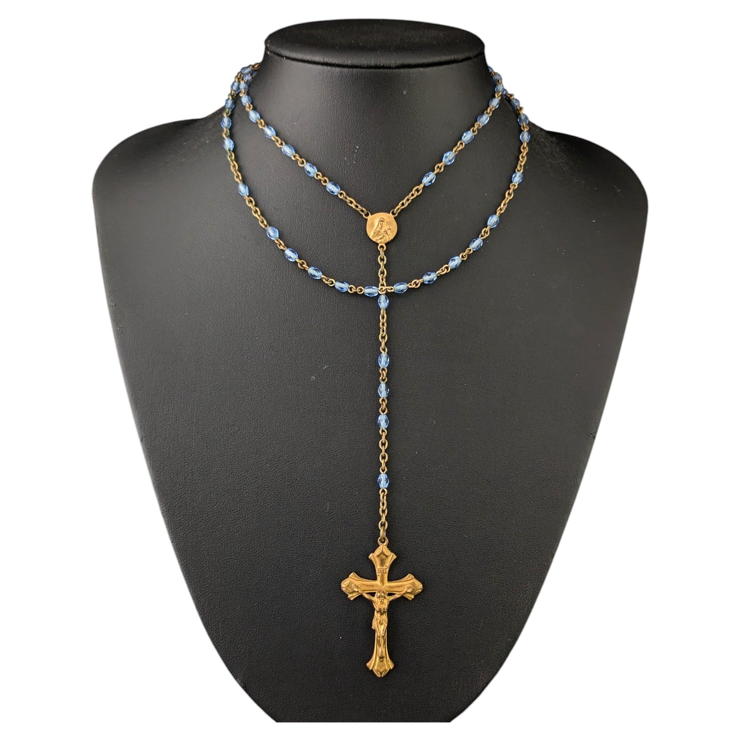 Antique blue glass rosary bead necklace, Gilt crucifix pendant