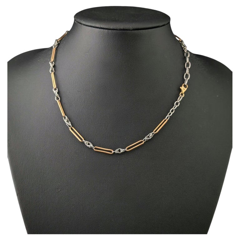 Antique Art Deco trombone link Albert chain necklace, 9ct gold clasp