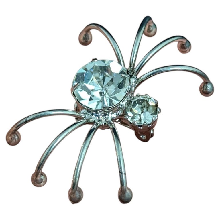 Vintage spider brooch, silver tone, sparkly diamante