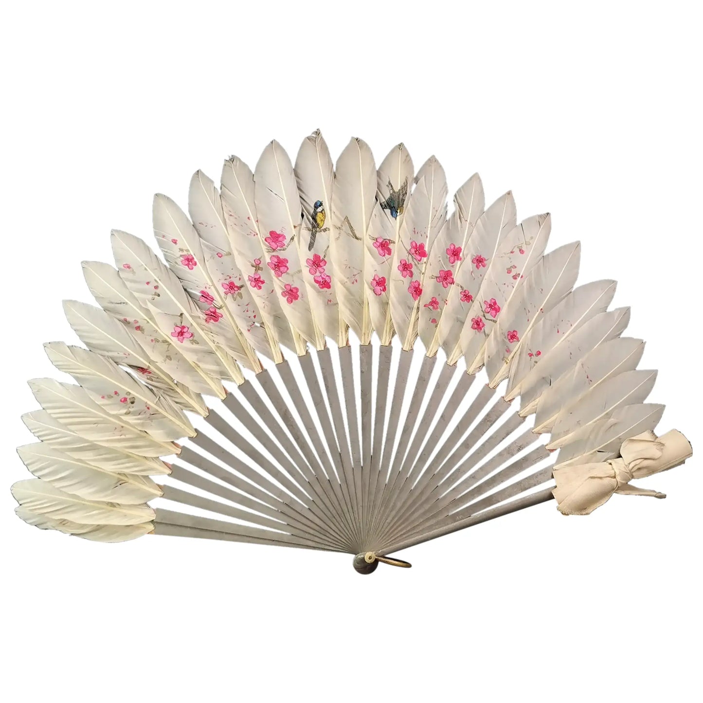 Antique Chinese feather hand fan, Birds and Blossom