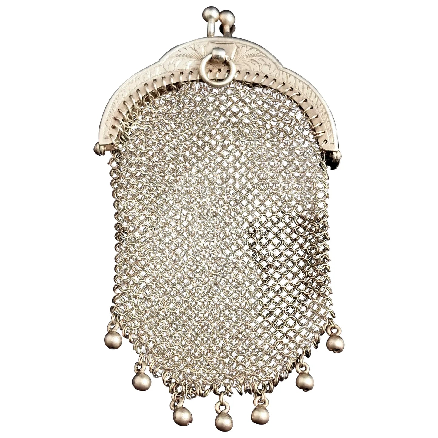 Antique French silver mesh chatelaine purse, coin purse