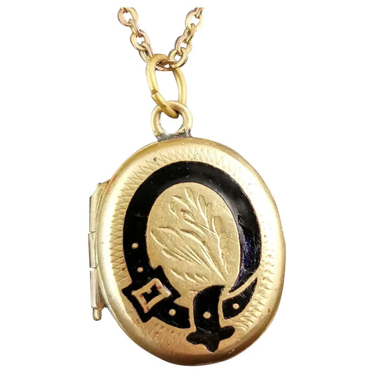 Antique Gold plated mourning locket, Black enamel, necklace