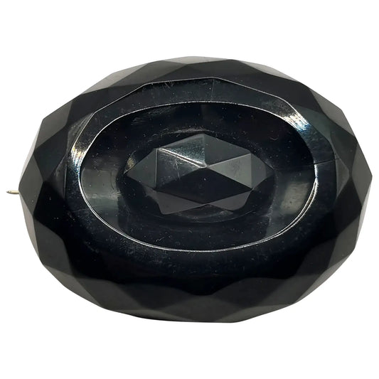 Antique Victorian Whitby Jet faceted oval brooch