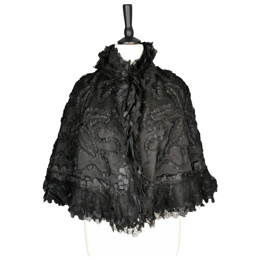 Antique Victorian mourning cape, French jet, Taffeta, Silk and Lace