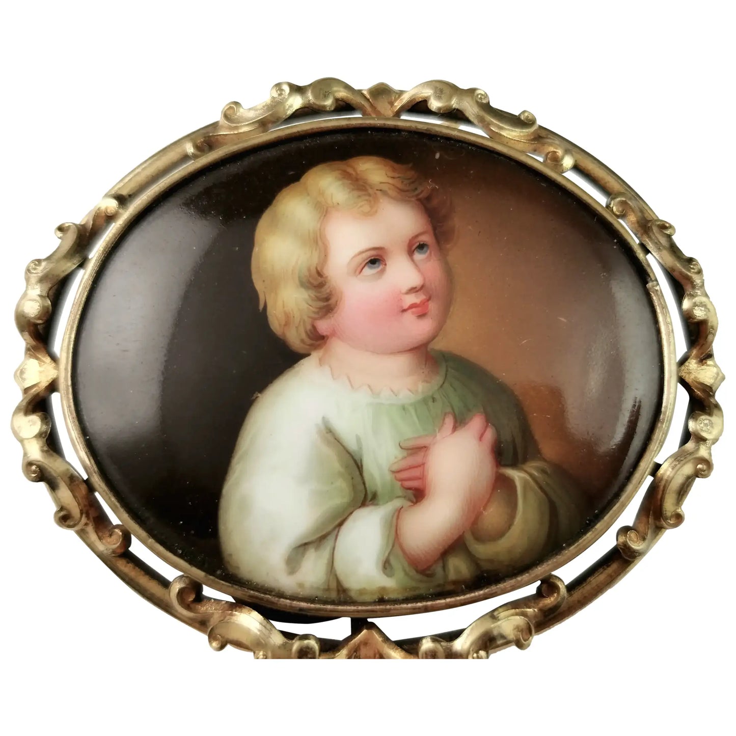 Antique ceramic portrait brooch, hand painted, Victorian