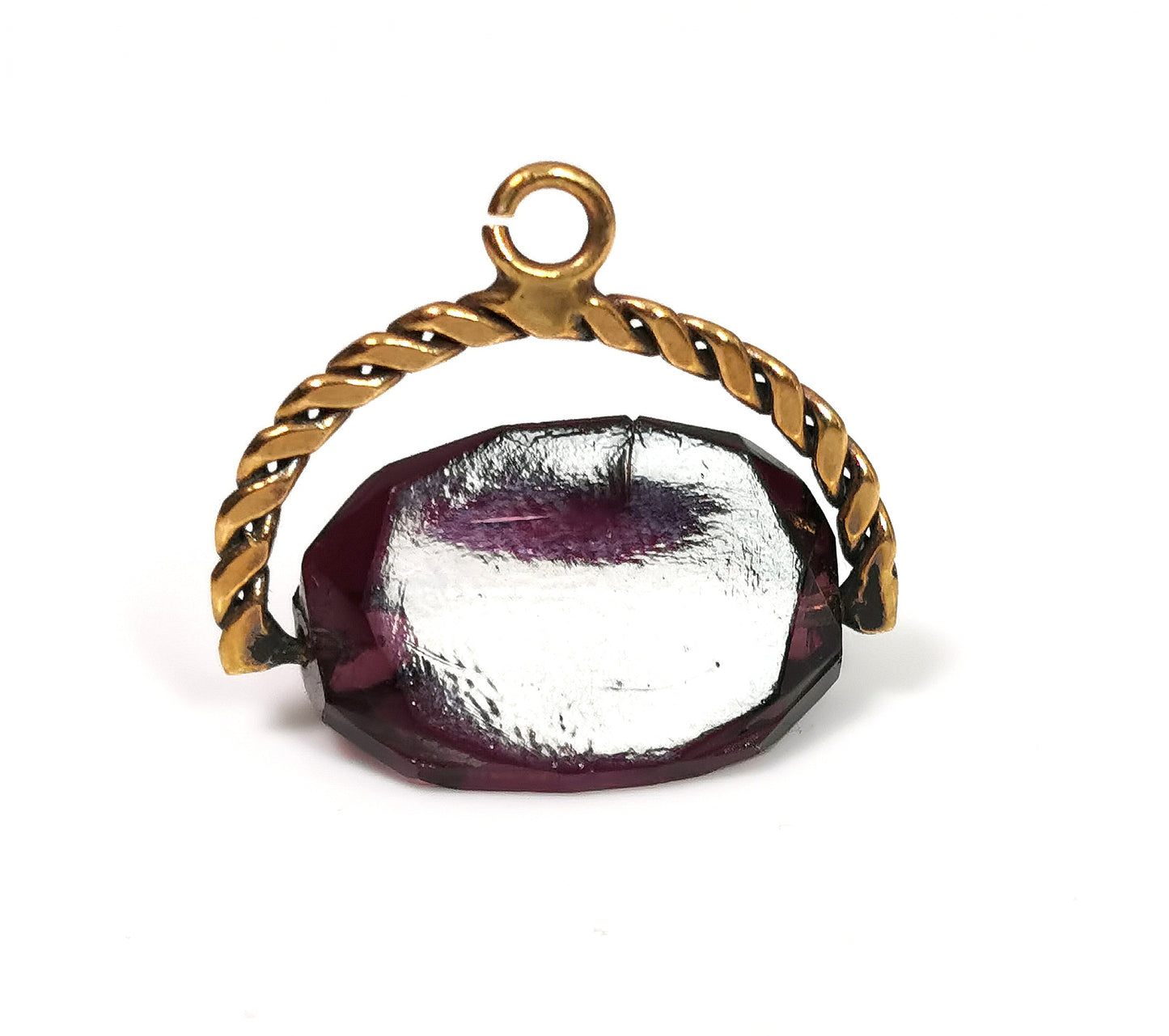 Antique spinning fob, gold plated, Purple glass