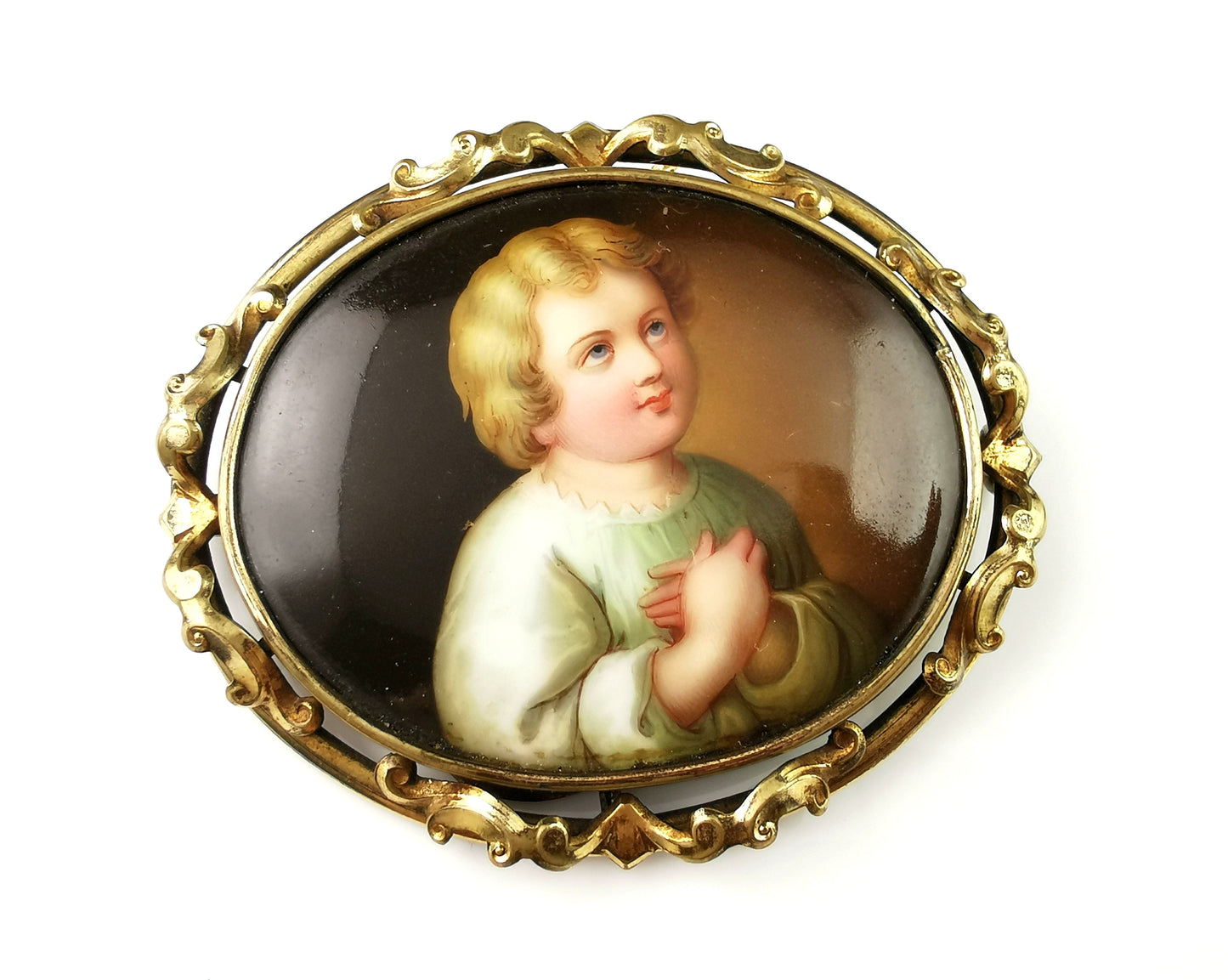 Antique ceramic portrait brooch, hand painted, Victorian