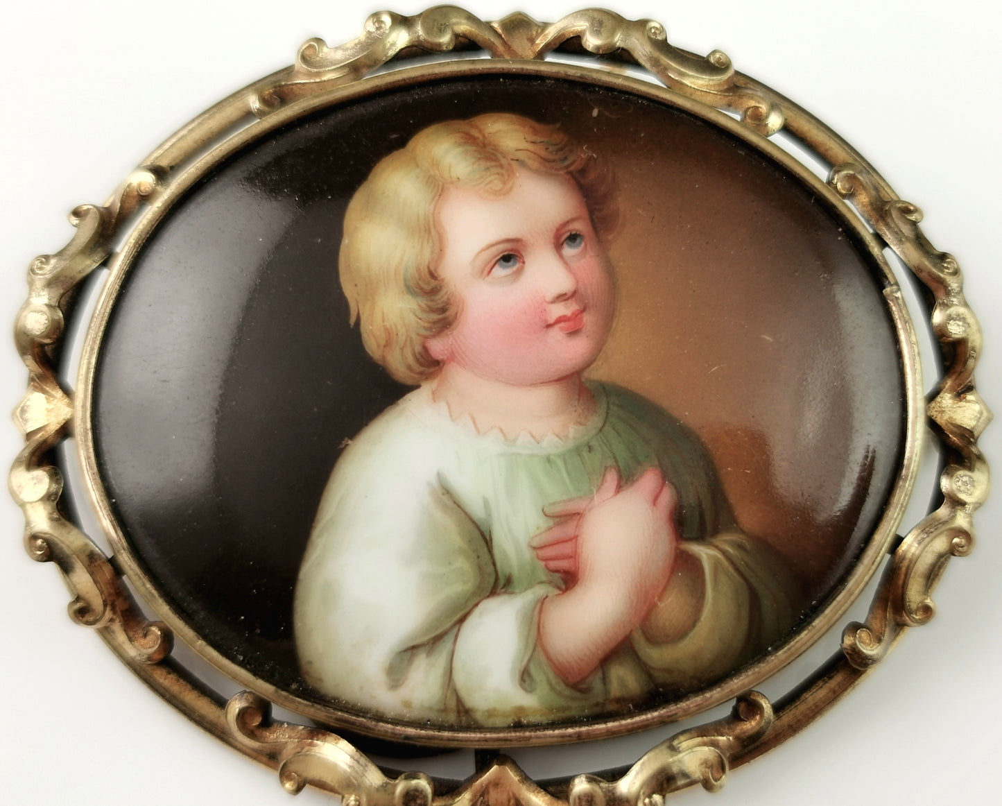 Antique ceramic portrait brooch, hand painted, Victorian