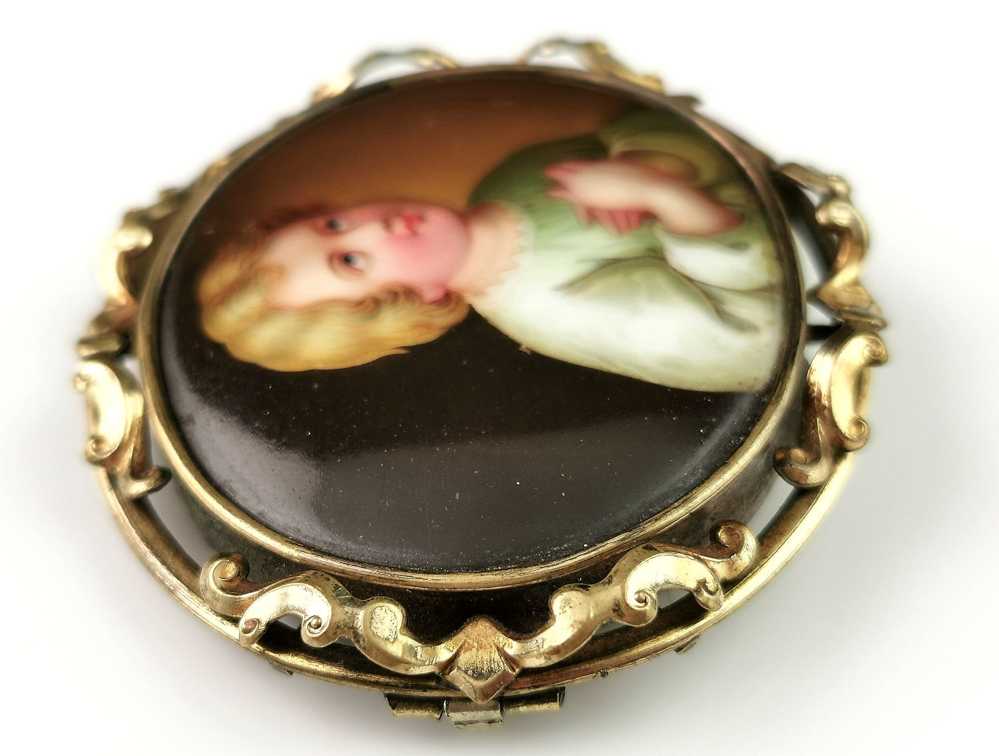 Antique ceramic portrait brooch, hand painted, Victorian