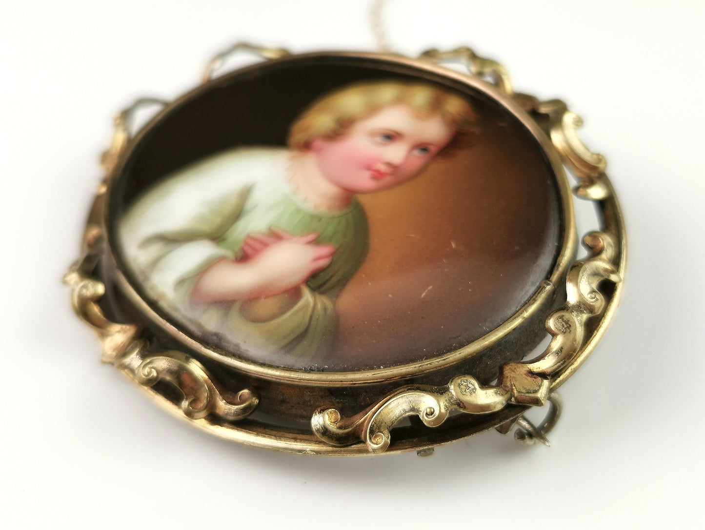 Antique ceramic portrait brooch, hand painted, Victorian