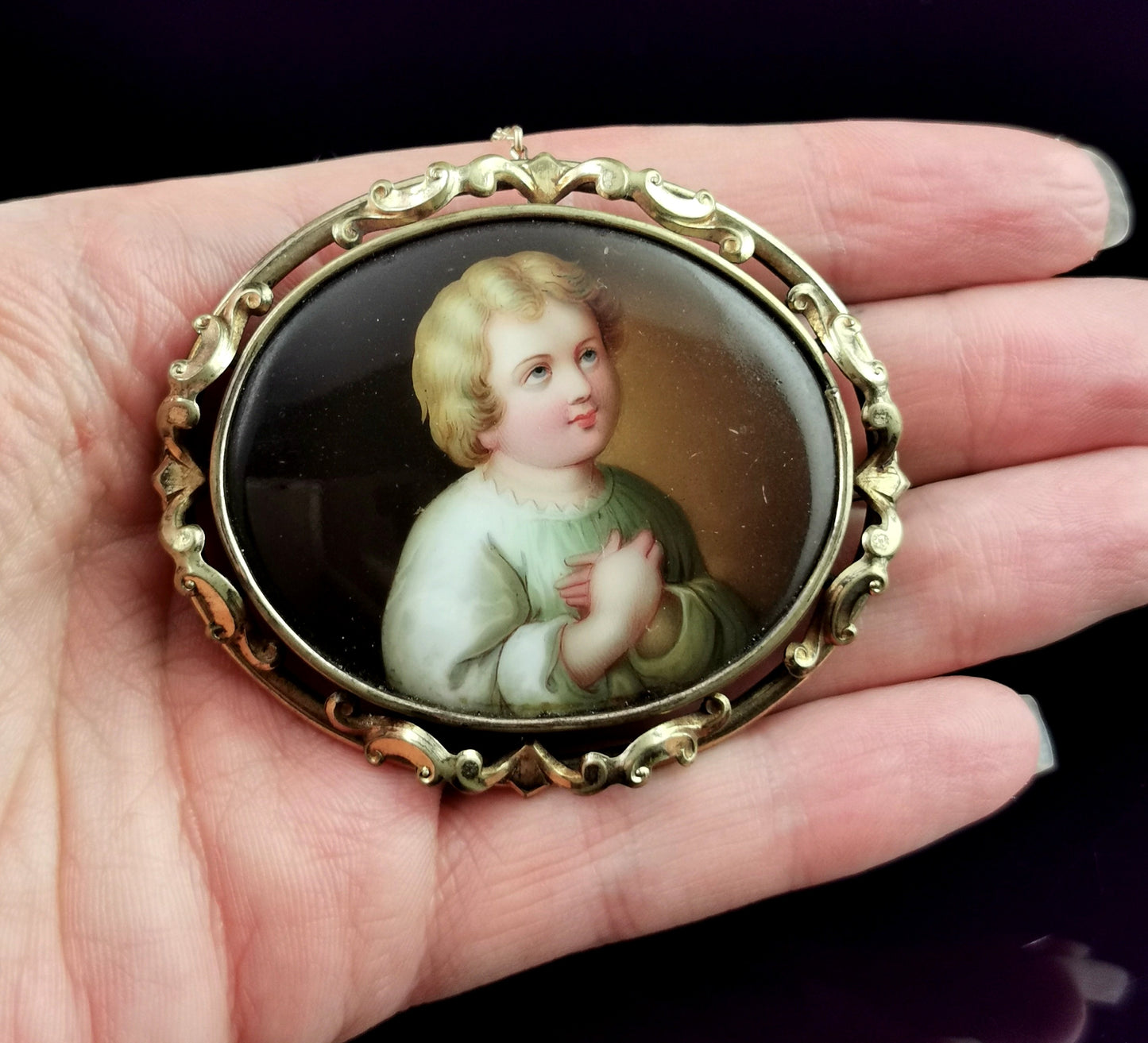 Antique ceramic portrait brooch, hand painted, Victorian