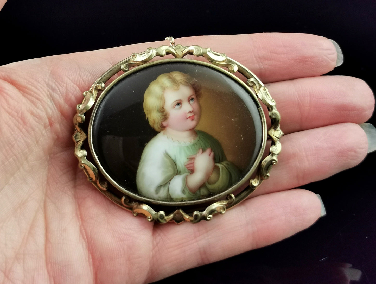 Antique ceramic portrait brooch, hand painted, Victorian