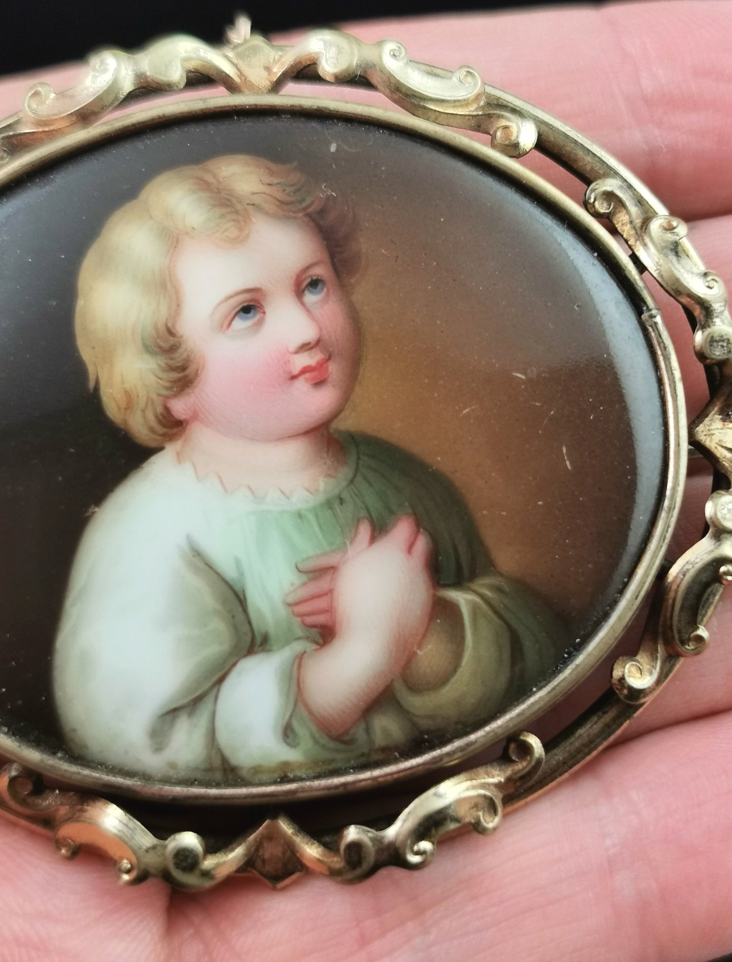 Antique ceramic portrait brooch, hand painted, Victorian