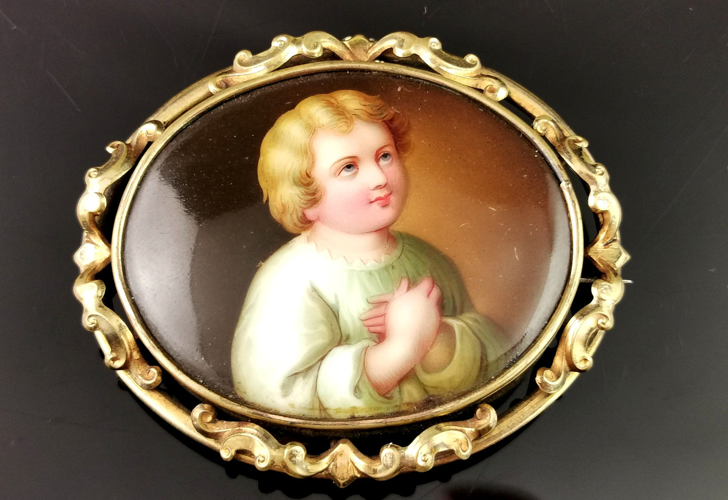 Antique ceramic portrait brooch, hand painted, Victorian