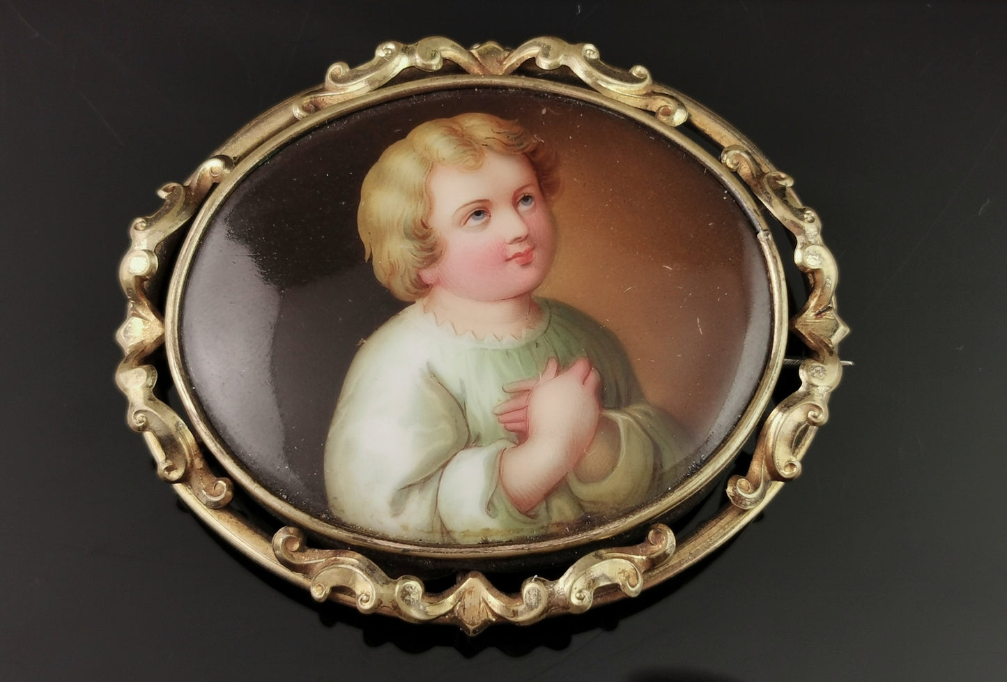 Antique ceramic portrait brooch, hand painted, Victorian