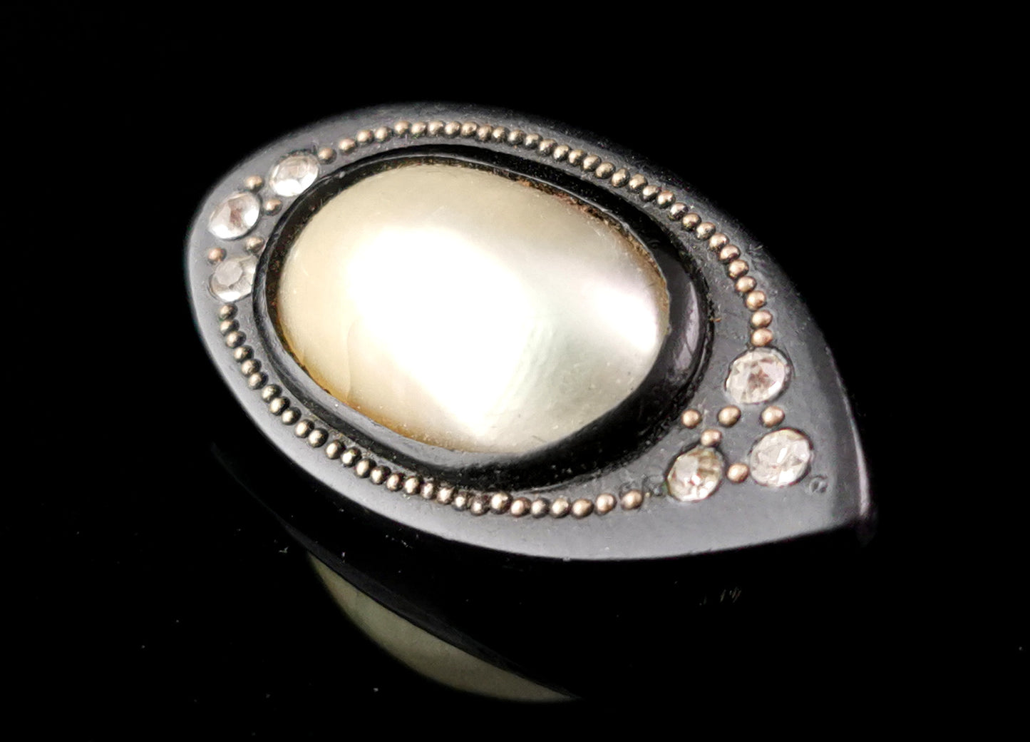 Antique Victorian Coque de Perle eye brooch, Whitby Jet, paste