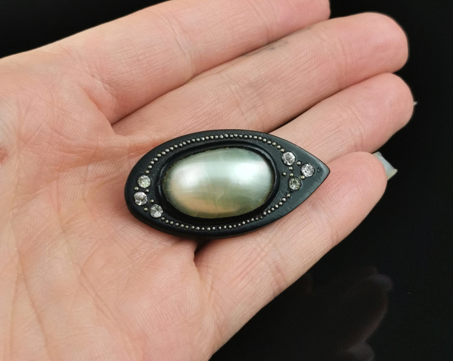 Antique Victorian Coque de Perle eye brooch, Whitby Jet, paste