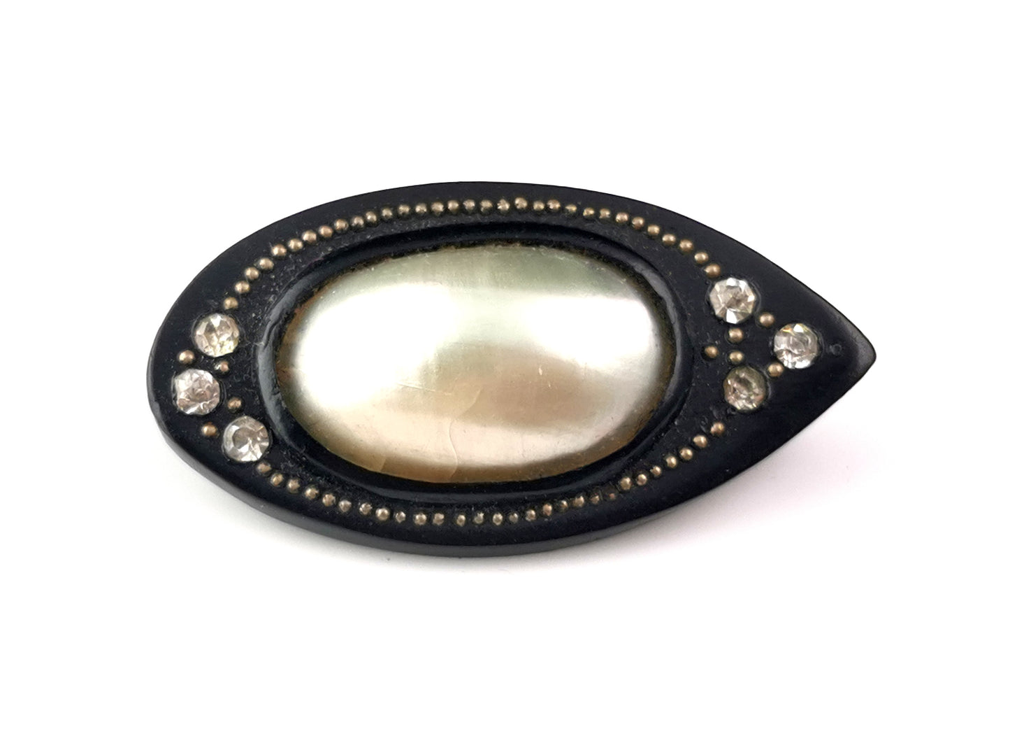 Antique Victorian Coque de Perle eye brooch, Whitby Jet, paste