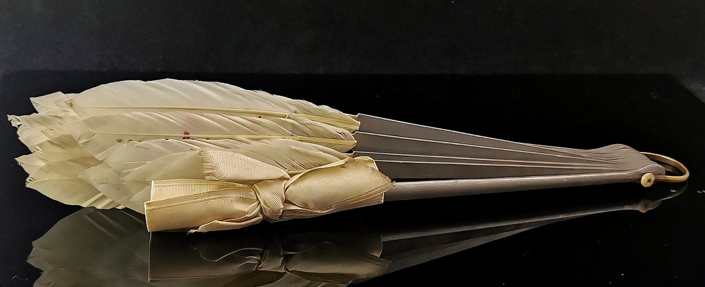 Antique Chinese feather hand fan, Birds and Blossom