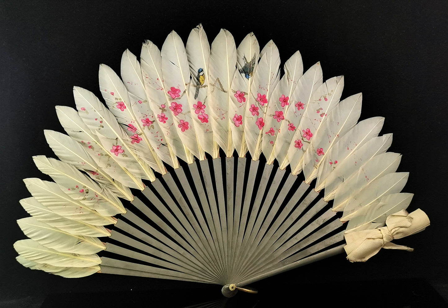 Antique Chinese feather hand fan, Birds and Blossom