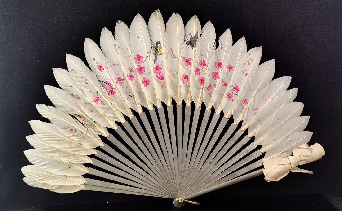 Antique Chinese feather hand fan, Birds and Blossom