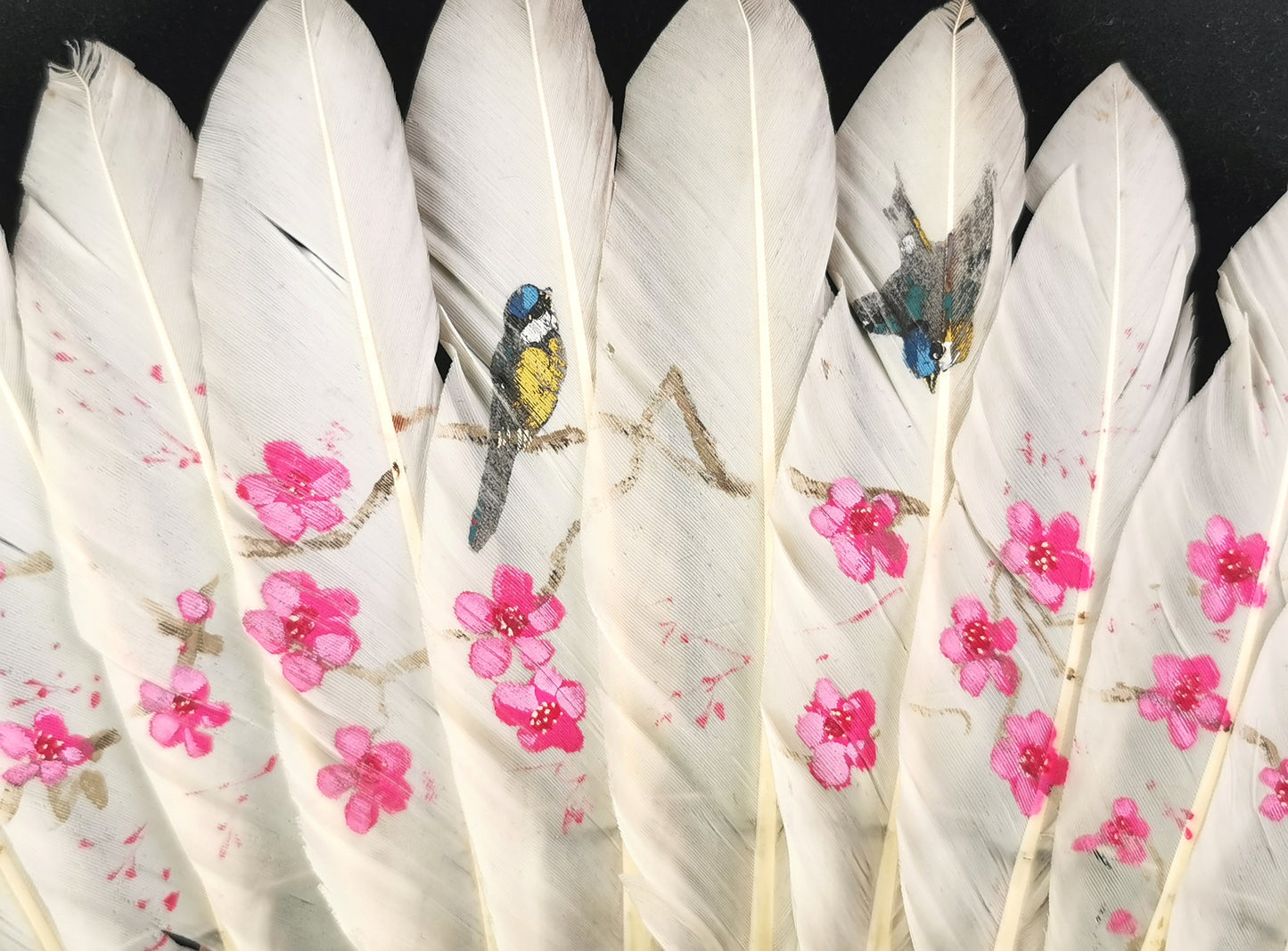 Antique Chinese feather hand fan, Birds and Blossom