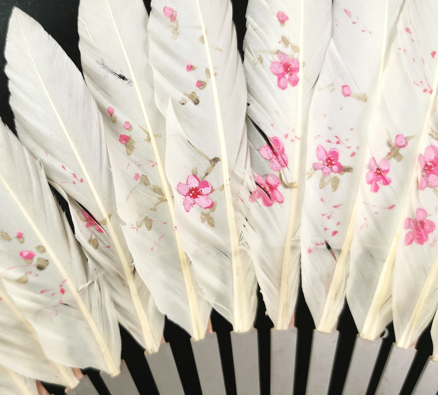 Antique Chinese feather hand fan, Birds and Blossom