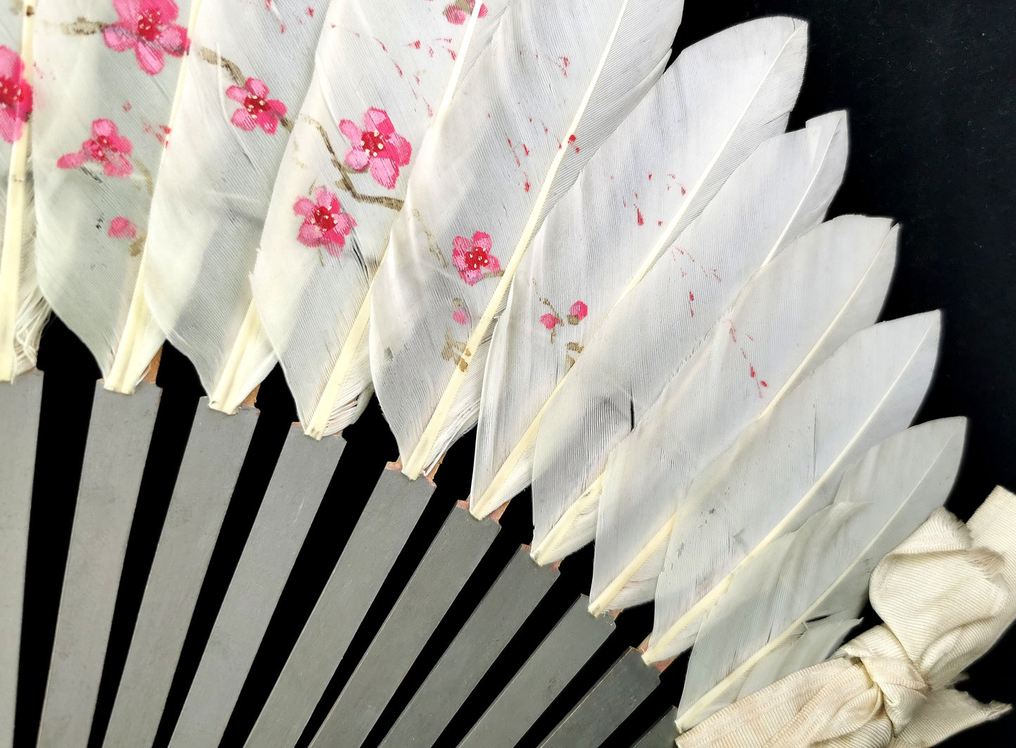 Antique Chinese feather hand fan, Birds and Blossom