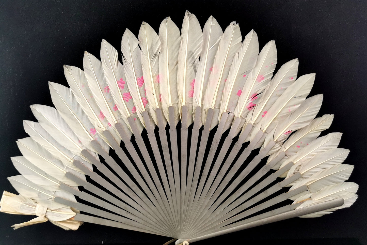 Antique Chinese feather hand fan, Birds and Blossom