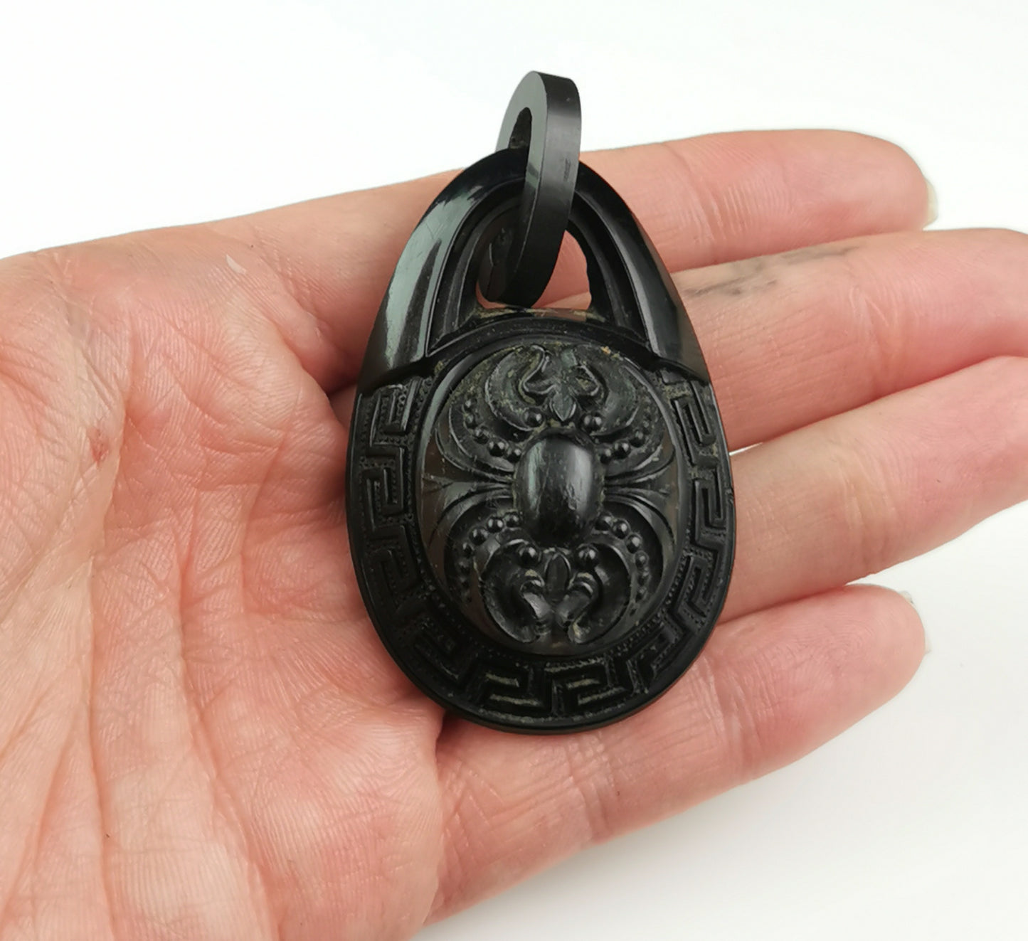 Antique Victorian Whitby Jet pendant, Greek key