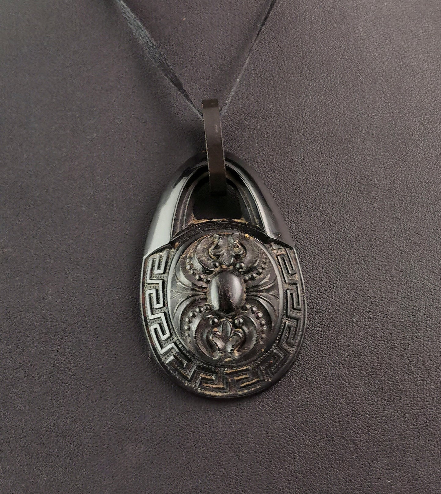 Antique Victorian Whitby Jet pendant, Greek key