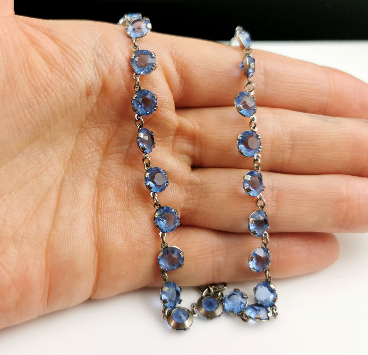 Vintage blue paste riviere necklace, silver plated