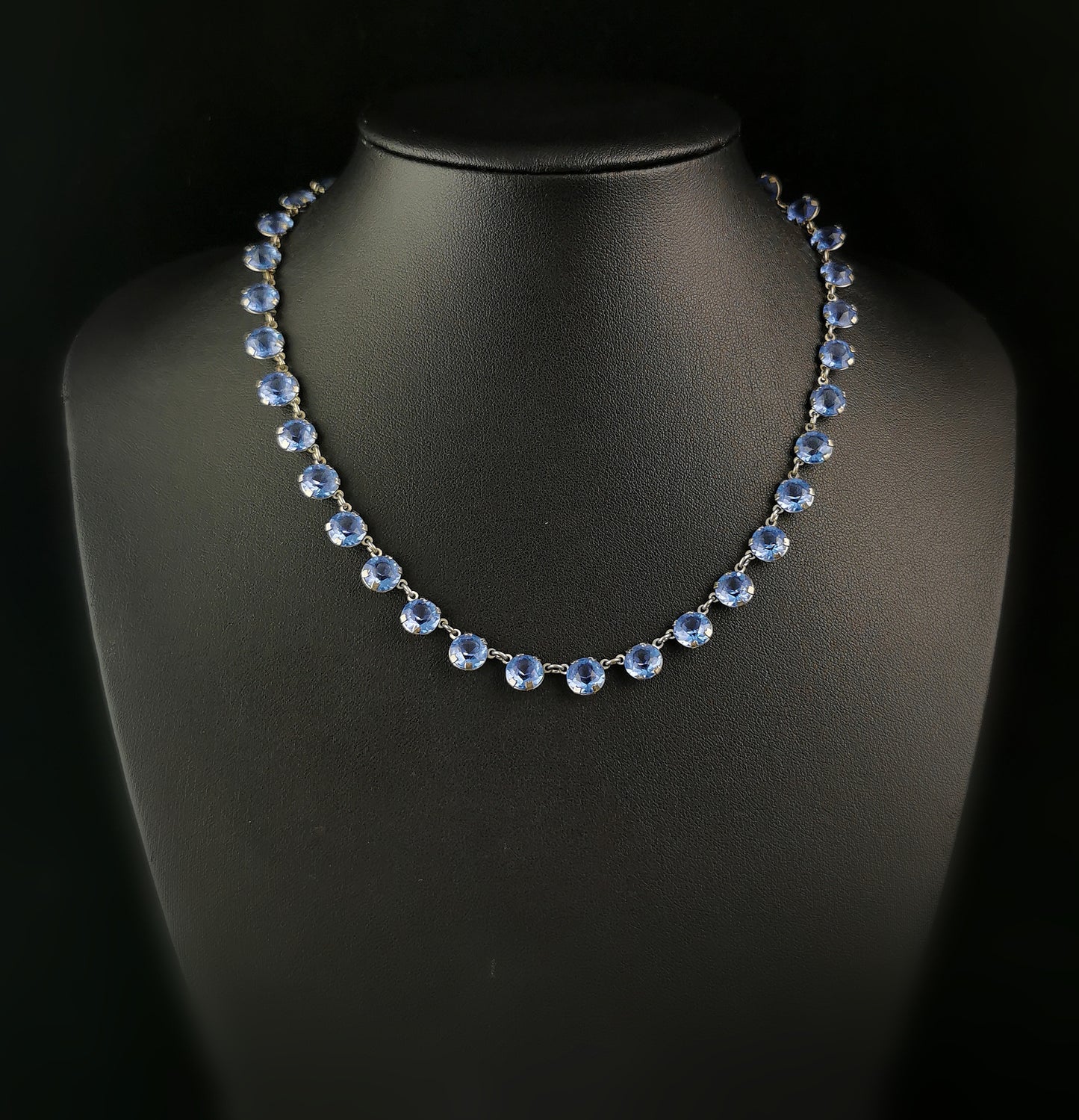 Vintage blue paste riviere necklace, silver plated