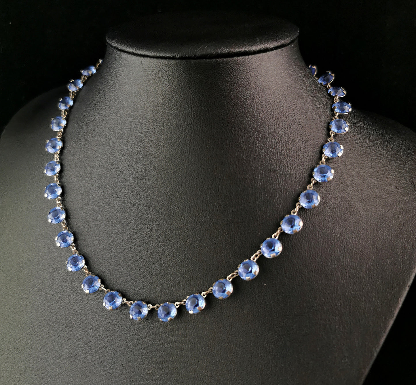 Vintage blue paste riviere necklace, silver plated