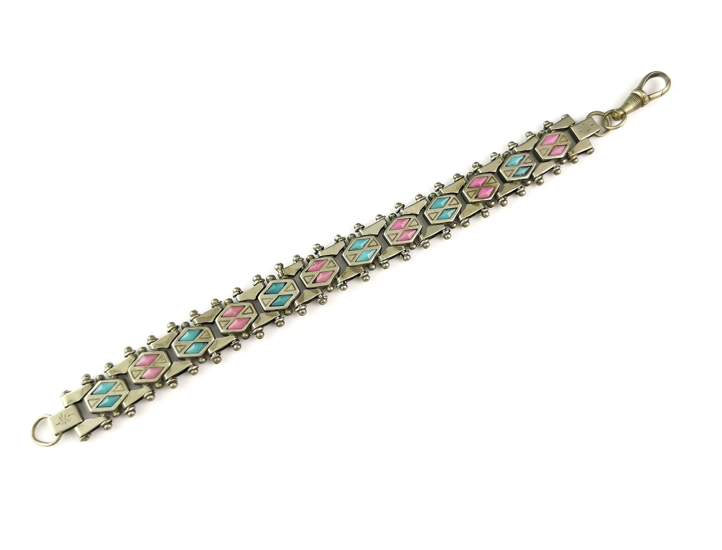 Antique Edwardian fancy link paste bracelet, Pink and Blue