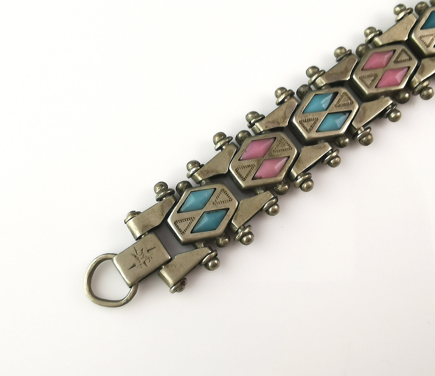 Antique Edwardian fancy link paste bracelet, Pink and Blue