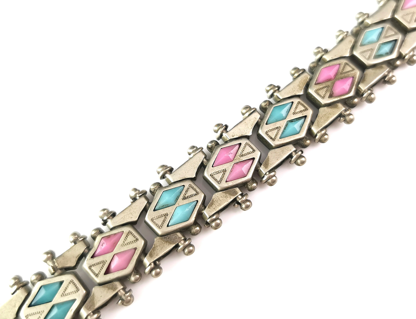 Antique Edwardian fancy link paste bracelet, Pink and Blue