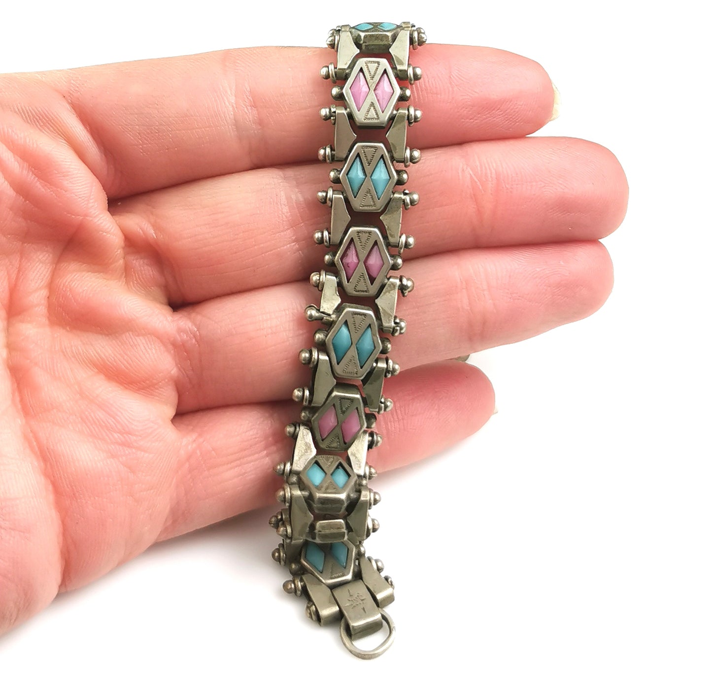 Antique Edwardian fancy link paste bracelet, Pink and Blue