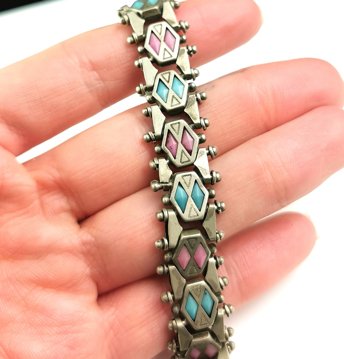 Antique Edwardian fancy link paste bracelet, Pink and Blue