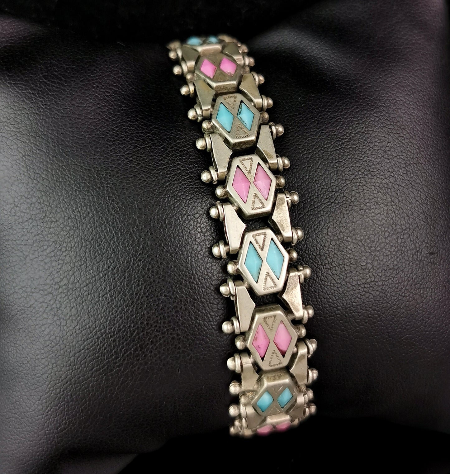 Antique Edwardian fancy link paste bracelet, Pink and Blue